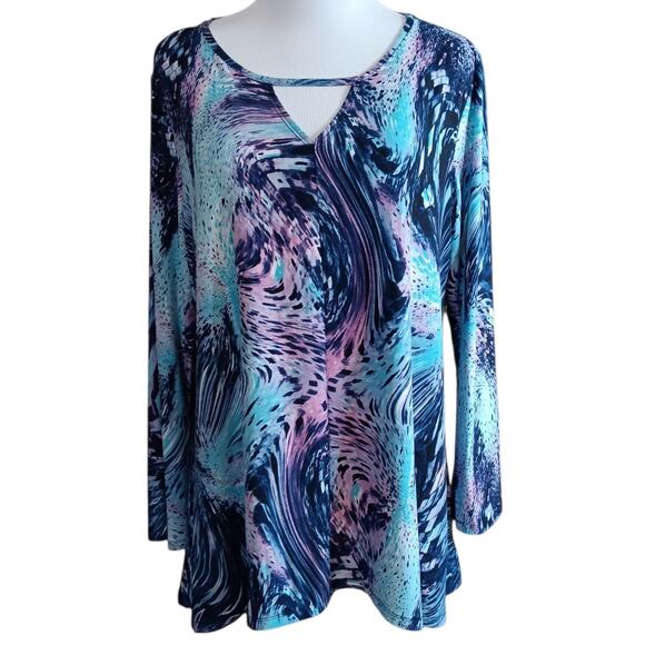 ATTITUDES BY RENEE Tunic Top Blouse Large PETITE Bright Watercolor Career Travel - Picture 3 of 8